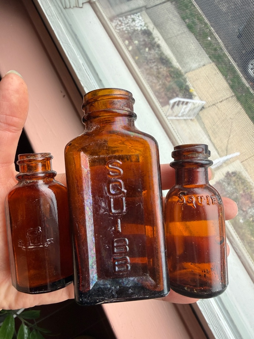 Amber embossed 'Squibb' Glass Medicine Bottles - Set of 3